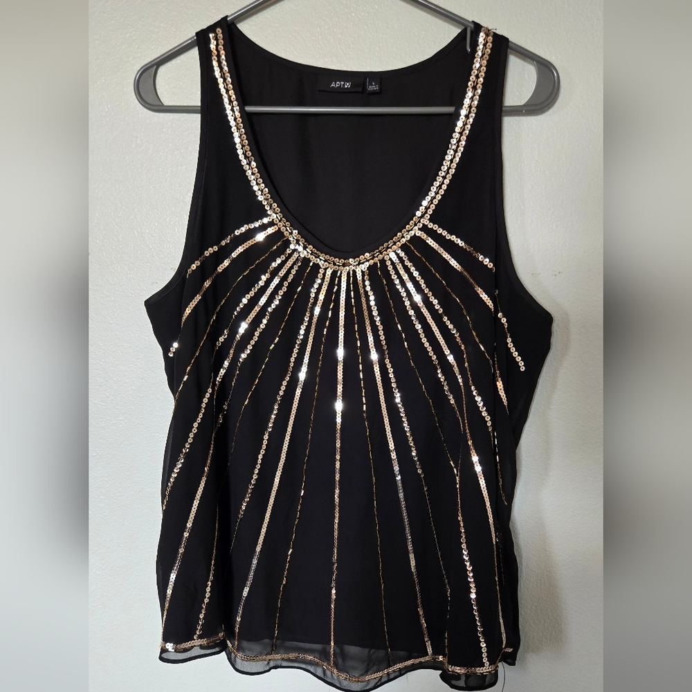 Apt. 9 Black Tank with Gold Sequin Sunburst Accents